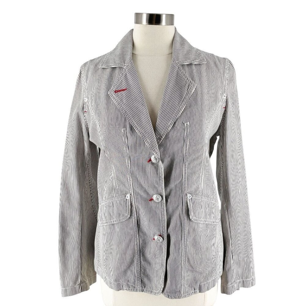 Saint James Women's Blue White Ticking Stripe Three Button Cotton Blazer US 10